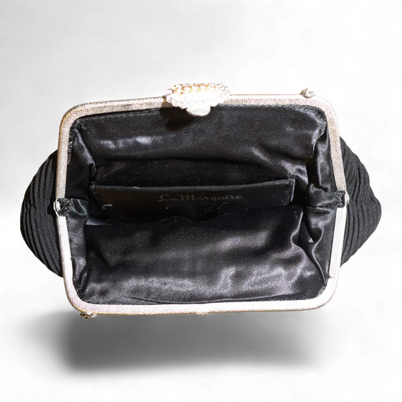 Vintage La Marquise Pleated Evening Bag Black w/ Silver Frame Kiss Lock 40s EUC - Picture 9 of 13